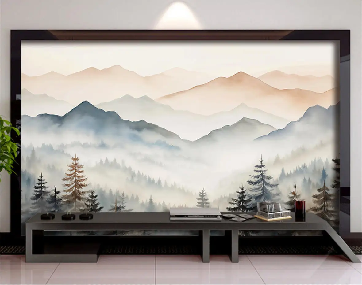 Customized Size Mural Mist Forest Mountain Wallpaper Home Decoration Ink landscape and Watercolor Forest Tapestry 3D Wallpaper