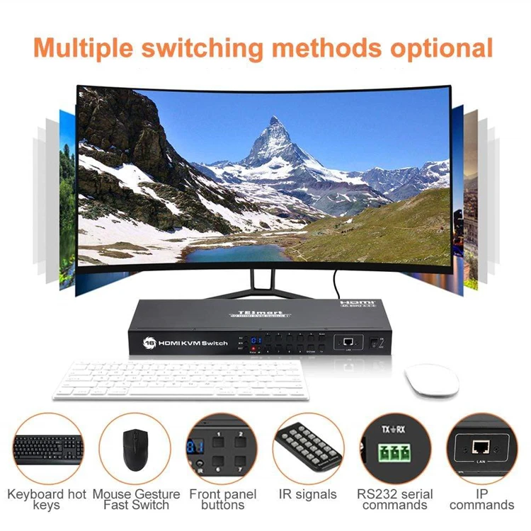 KVM HDMI Switch 16X1 USB 2.0 Hub Rackmount Scan Keyboard HotKeys RS232 EDID 4K60hz Video Switcher