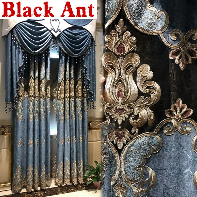 

Europe Palace Blackout Curtains Bedroom Living Room Villa Luxury Retro Blue Door Window Drapes Water Soluble Embroidery X771F