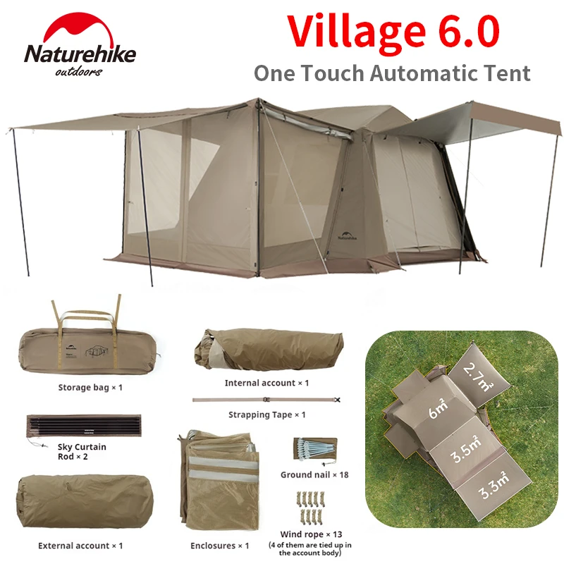 Naturehike Village 6.0 Automatic Tent 4-6 Person 150D Black Coated Waterproof Camping One Touch Quick Open Tent With Sunscreen 