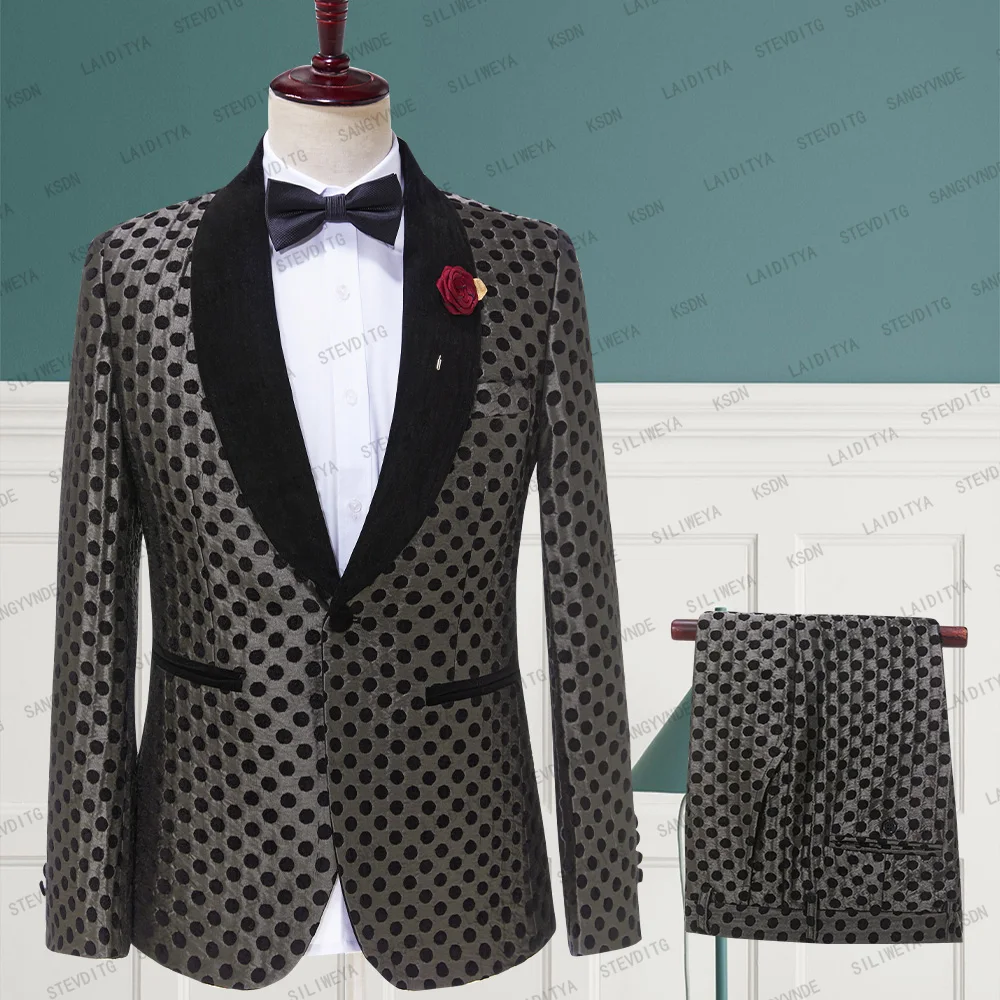 New Jacquard Floral One Button Polka Dots Groom Tuxedos Shawl Lapel Groomsmen Best Man Suits Mens Wedding Suits Two Pieces Suits