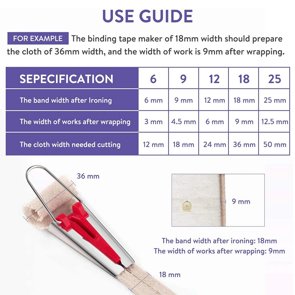 5 dimensioni Splicing panno tessuto Bias Tape Maker strumento di rilegatura Quilting cucito mestiere fai da te Patchwork dispositivo speciale per