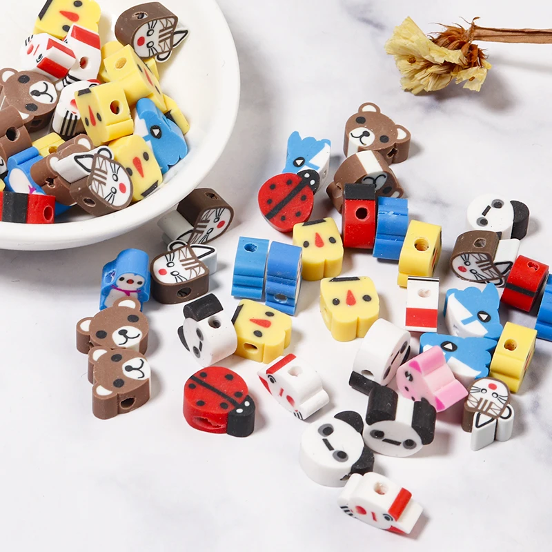 50pcs Polymer Clay Animal Pattern Bead Mixed Style Colorful Loose Spacer Beads for Jewelry Making DIY Bracelet Charm Accessories