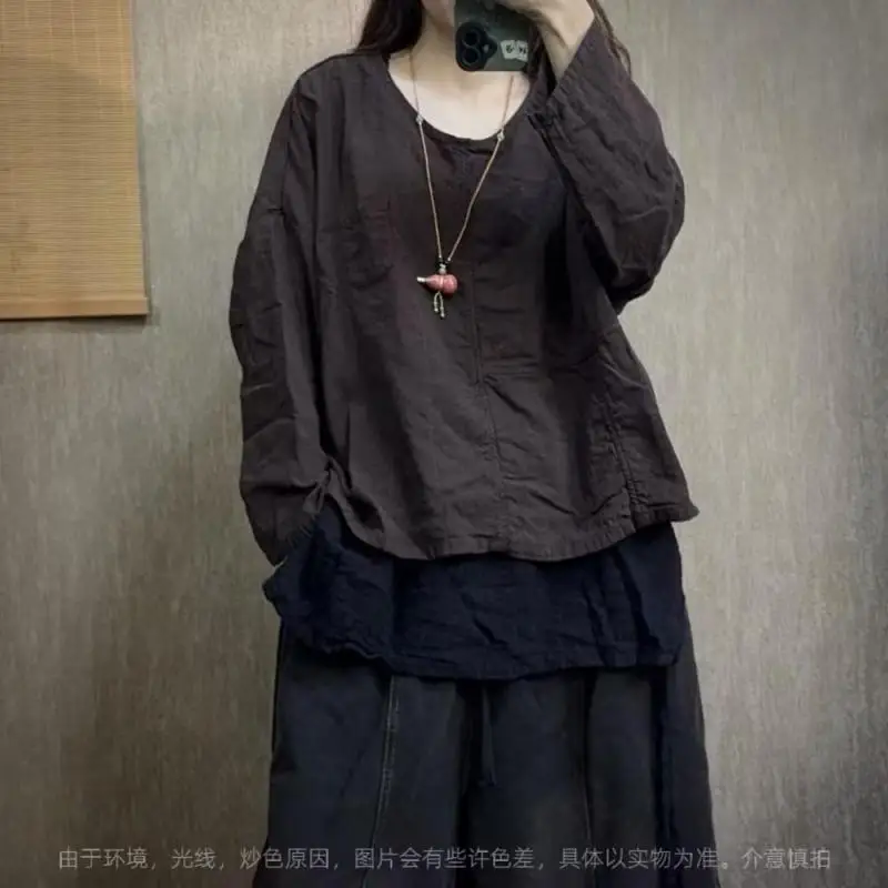 Spring Autumn Arts Style Women Long Sleeve O-neck Loose Tee Shirt All-matched Casual Double-deck Cotton Linen Tshirt Femme Tops