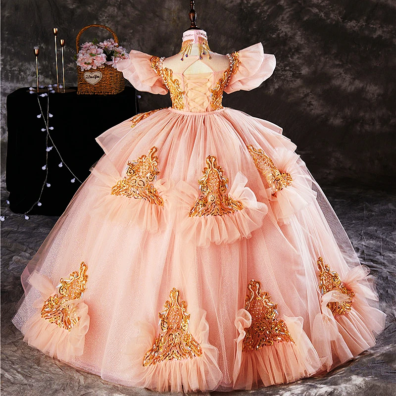 Girls Evening Dress Luxury Kids Party Wedding Court Paris Model Catwalk Children Pageant Gown Birthday Stage Performance Dress