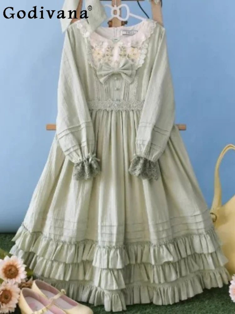 

Spring Summer Elegant Lolita Sweet Girl Embroidered Fairy Dress High Waist A-line Versatile Age-reducing Lace Princess Dresses