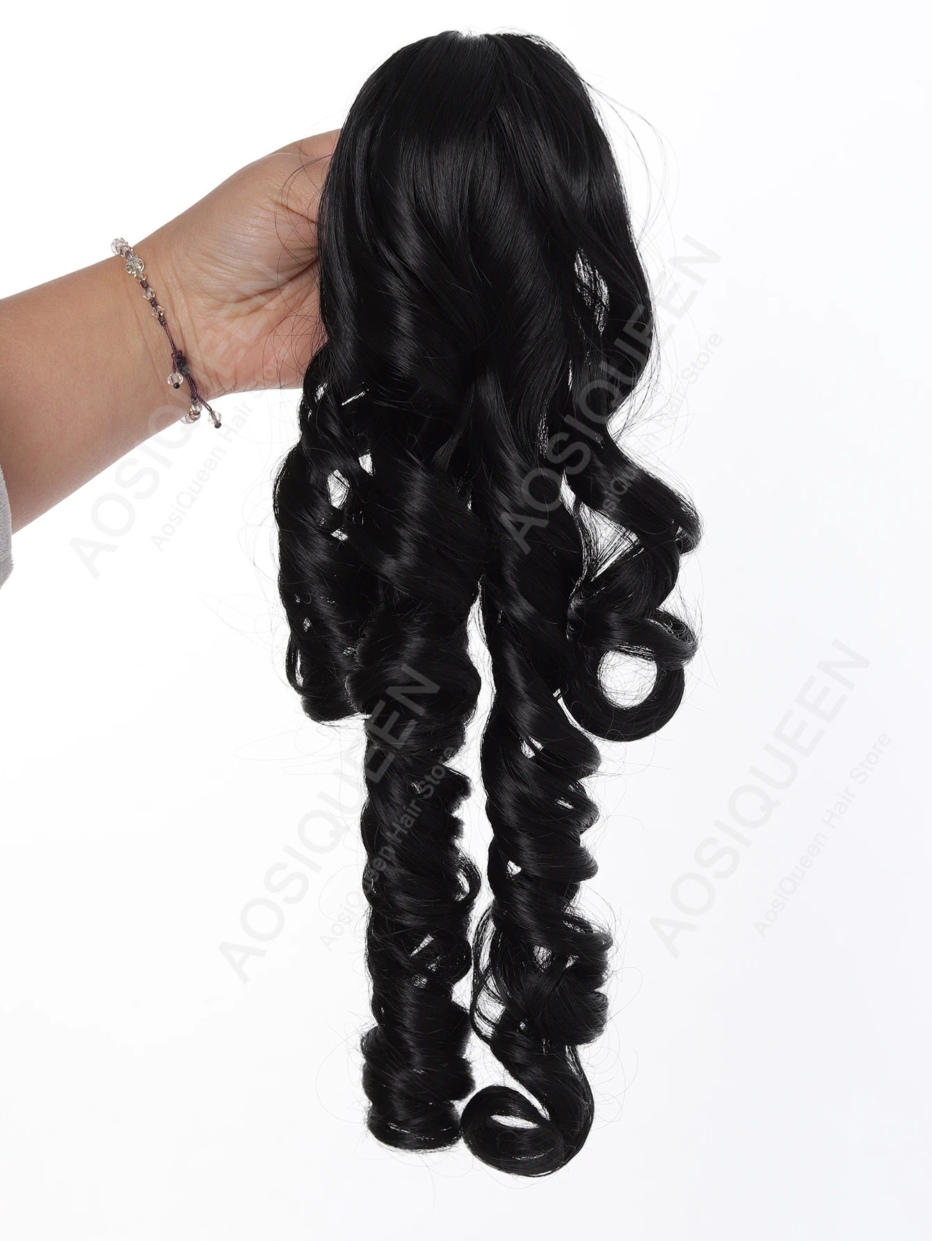Synthetic 40cm Black Blonde Curly Clip In Hair Extensions Pieces Double Ponytail Suitable For Pairing With Lolita Short Hair