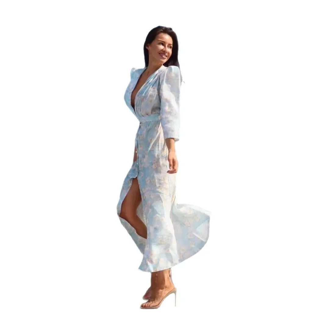 Woman Floral V-neck Wrist Maxi Dresses Sexy Elegant Party Ladies Single Breasted Thin Slim Fit Vestidos Summer Fashion Robes