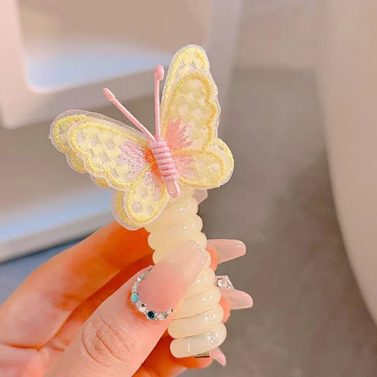 1PC New Cute Embroidered Butterfly Elastic Spiral Hair Rope Head Rope Ponytail Hair Ring Rubber Band Headdress For Kids