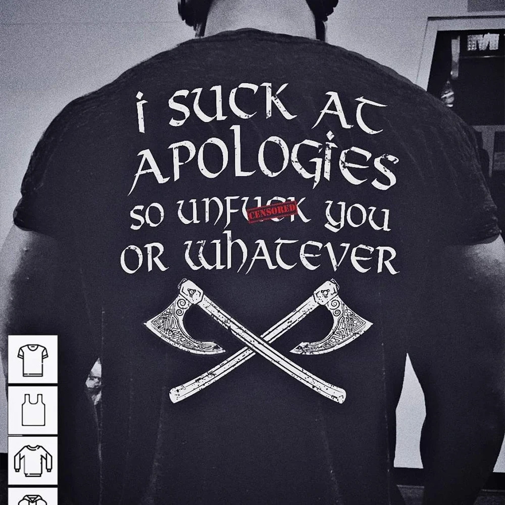 2026 new I Suck At Apologies Men's Oversized T-Shirt, Viking Axe Crossed Graphic, Heavy Cotton Norse Mythology Streetwear