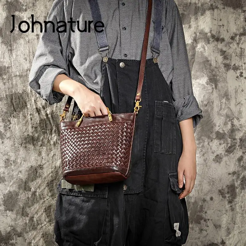 Johnature Hand Woven Women Bag Genuine Leather Vintage Handbag Simple Solid Color Natural Cowhide Shoulder & Crossbody Bags