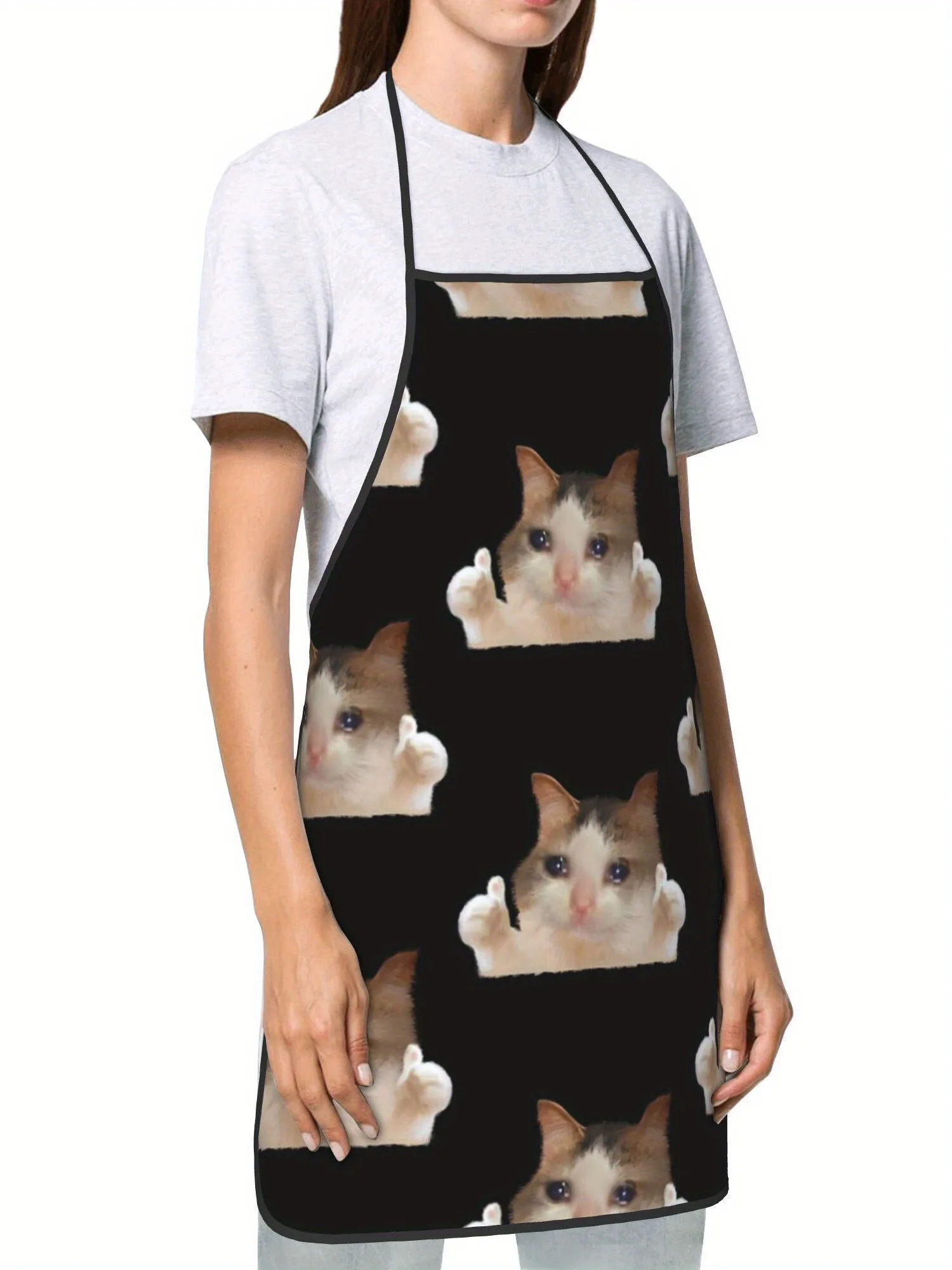 Lustige Chef-Schürze mit weinender Katze, Küchenschürze mit niedlichem Ingwer-Tabby-Kochmütze, leicht zu reinigen, zum Kochen und Backen zu Hause – Detail 9
