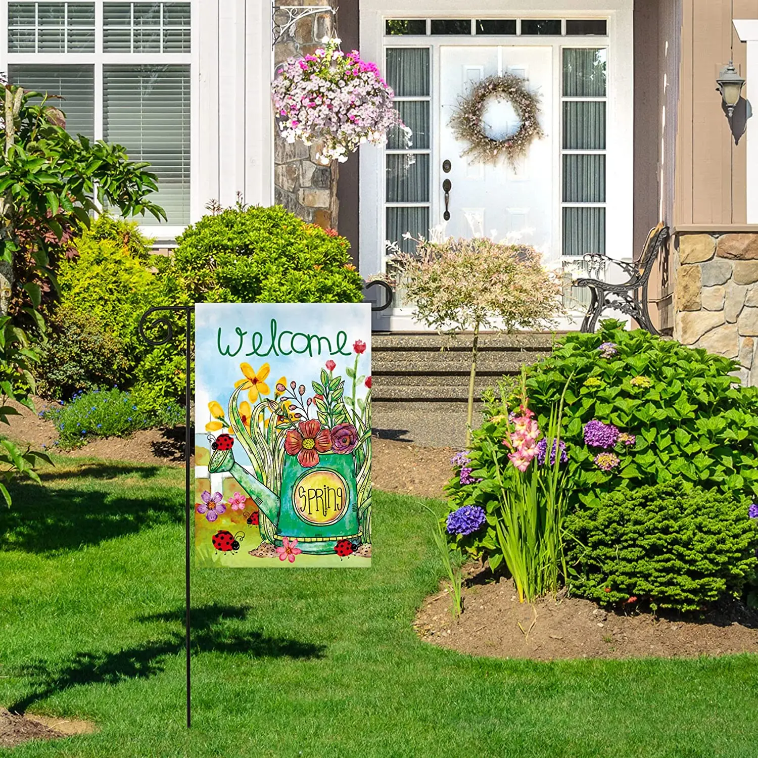 

Welcome Spring Kettle Floral Double Sided Spring Blooms Garden Flag Banner for Outside House Yard Home Decorative