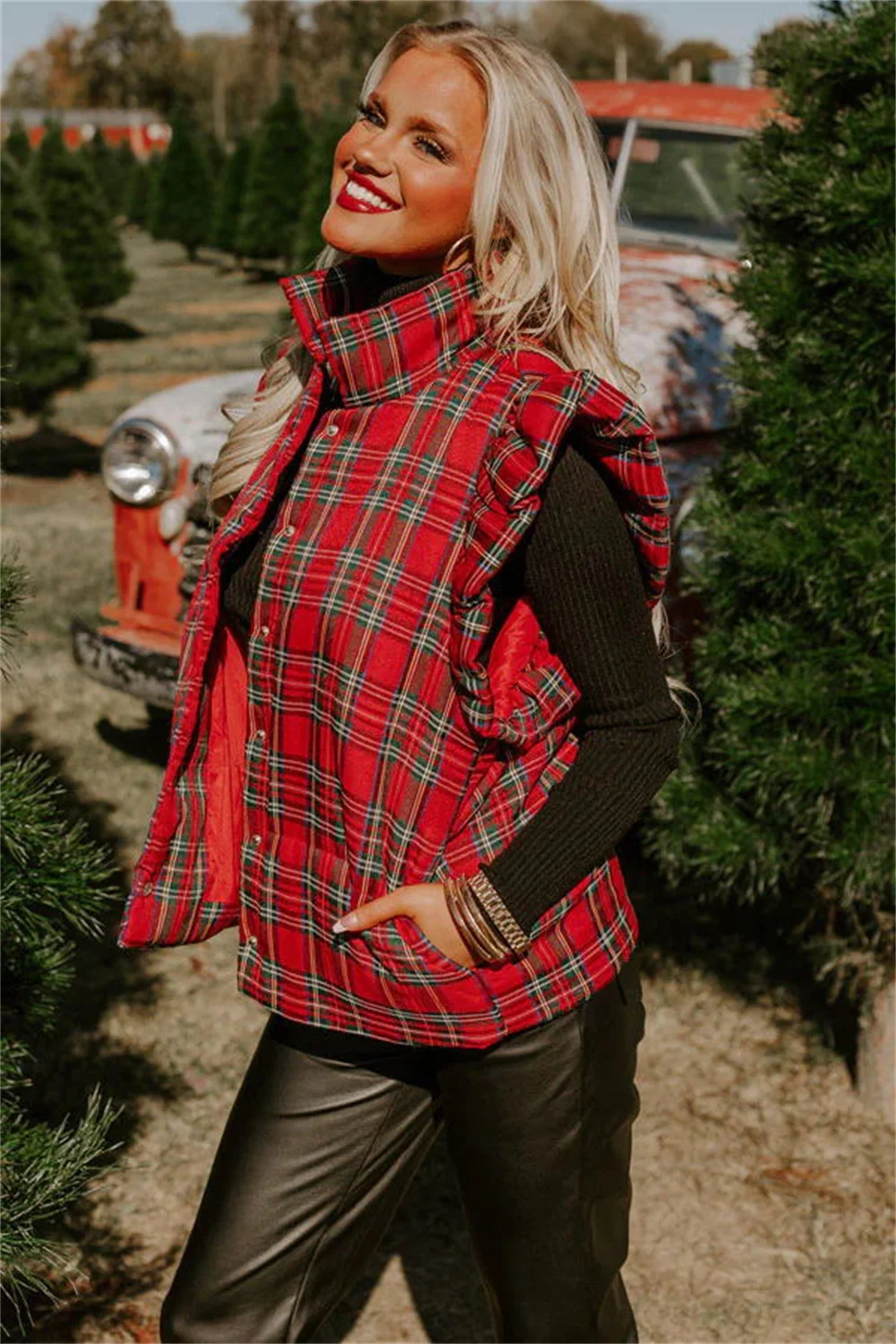 Women Red Plaid Printed Ruffles Pleated Flying Sleeve Vest Autumn Winter Stand Collar Sleeveless Pockets Waistcoat Outwear