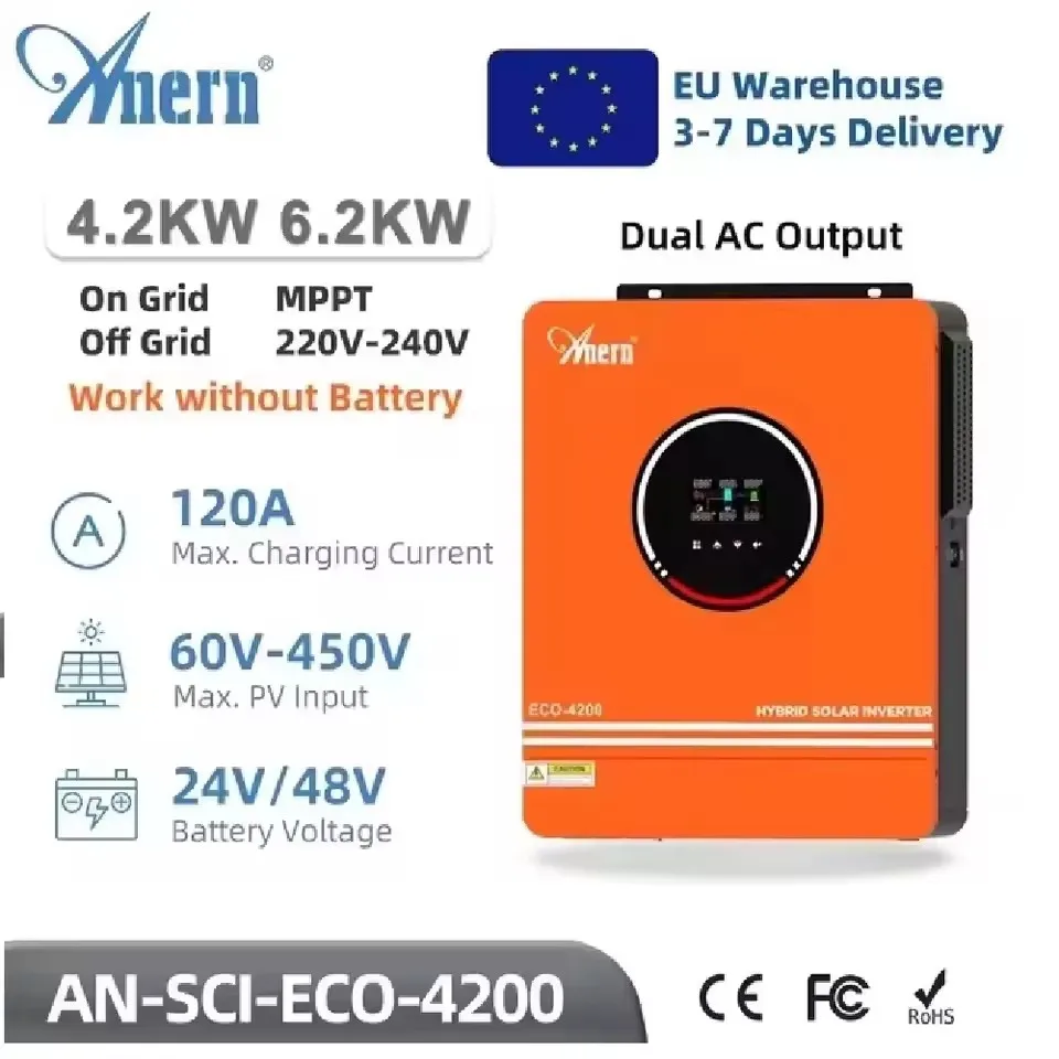 

1.6KW 3KW 4.2KW 6.2KW Hybrid Solar Inverter 12V 24V 48V Photovoltaic Hybrid Inverter Max PV 500V Build in MPPT 120A 80A Charger