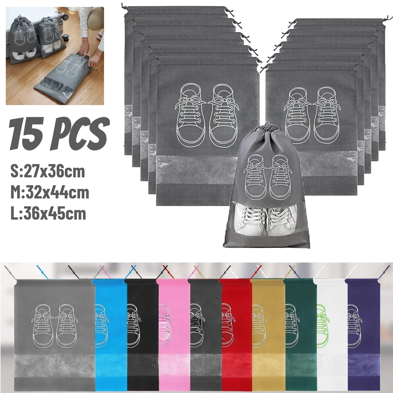 15 Pcs Portable Travel Shoe Bags Waterproof Non-Woven Shoe Organizers Storage Drawstring Pouch Packing Organizers with Rope