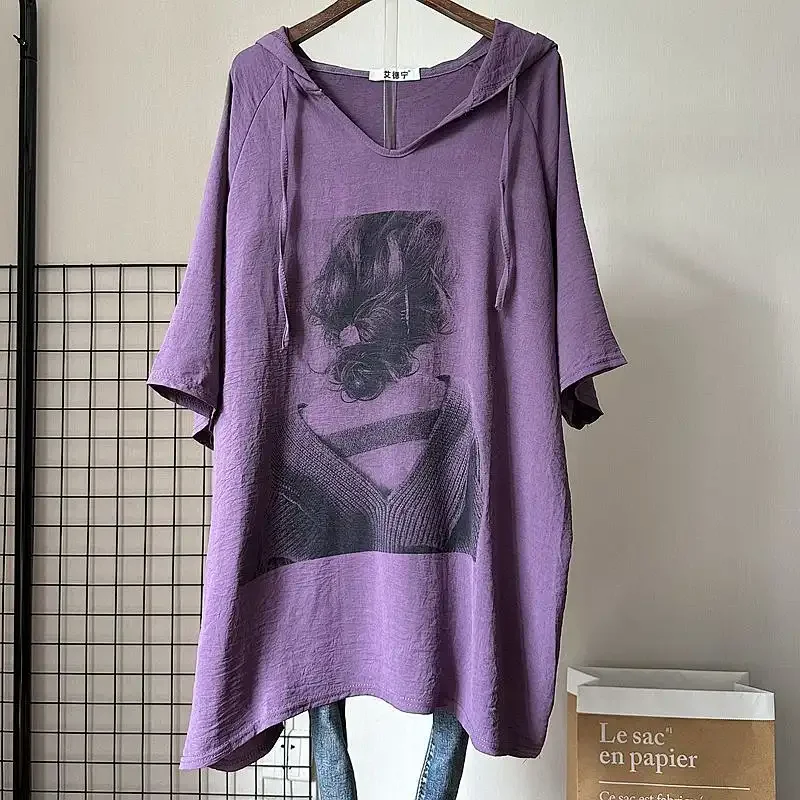 

Women's Plus Size Slim Hooded Design Minimalist Mid-Length T-Shirt Summer New Short Sleeve Loose Top
