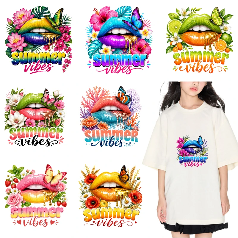 

2PCS Colorful Lips Flowers Butterflies Summer Vibes iron on patches DTF Patches for clothes Iron-on transfers for clothing heat