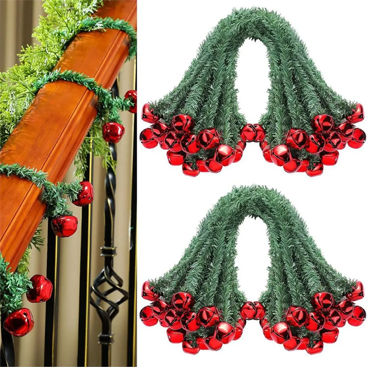10Pcs 20Inch Christmas Garland Ties with Bell,Reusable Flexible Twist Ties for Stair Railing Banister Holiday Decor Red