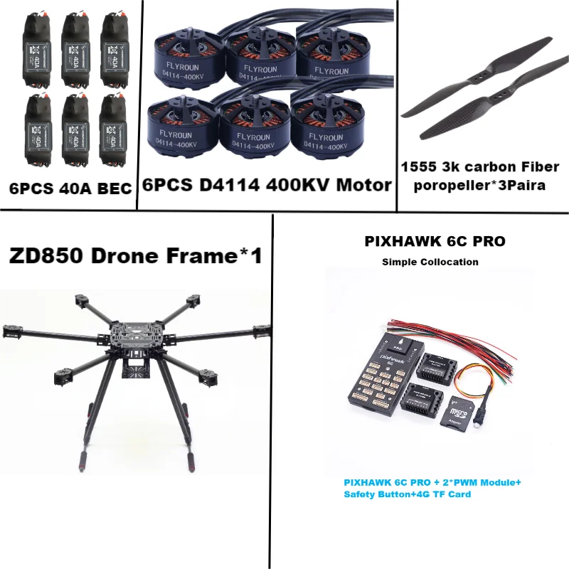 ZD850 6C PRO M8N M9N M10 Full Carbon Fiber 850mm Hexa-Rotor Frame BLHELI 40A ESC Flight Comtrol Rado Telemetry Set