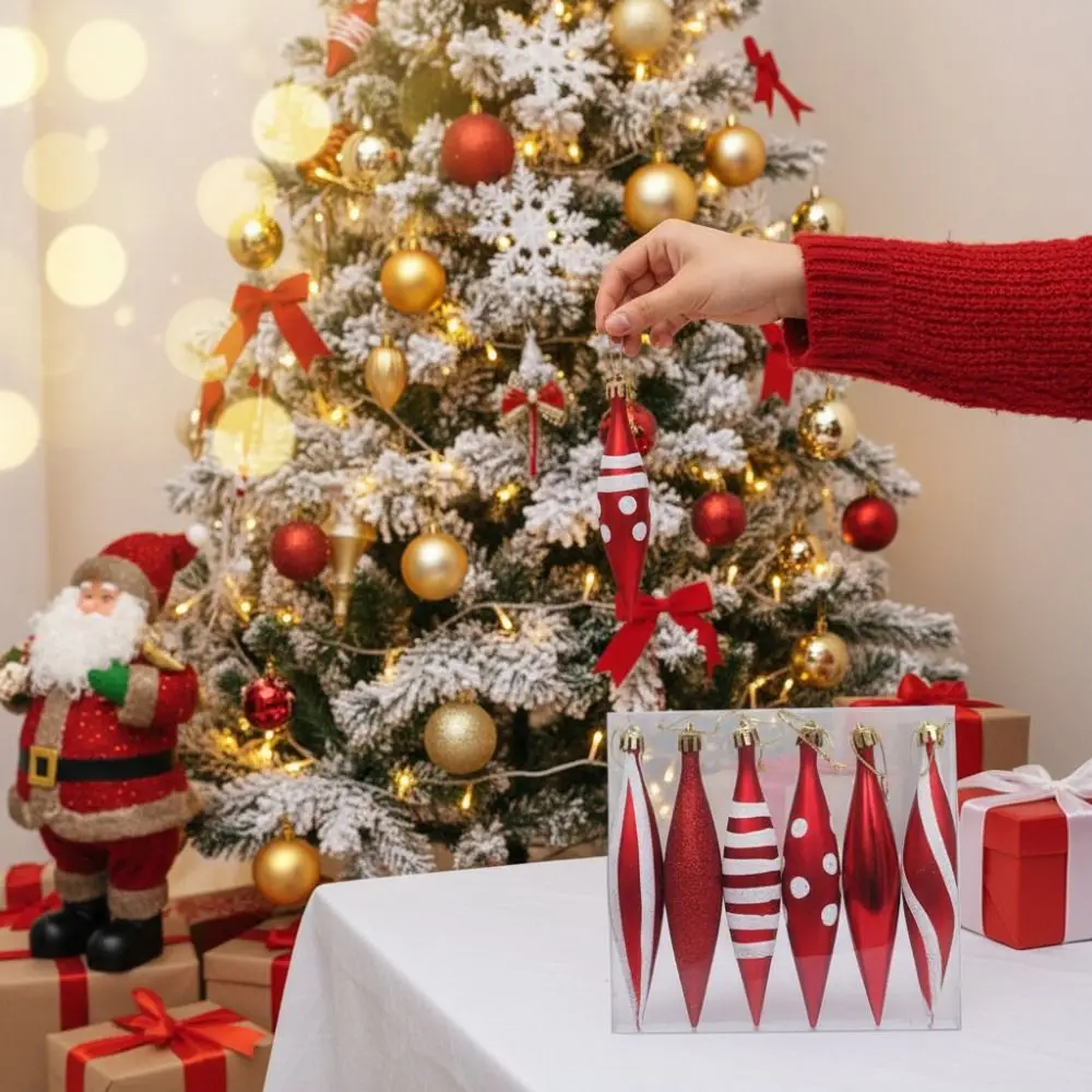 

6Pcs Red Color Christmas Tree Decoration Electroplated Finish Plastic Material Xmas Tree Cone Pendant Handcrafted Unique Pattern