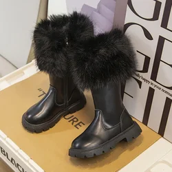 Girls High Boots Plush Cotton Beige Black 2024 New Autumn and Winter Side Zipper Fashion Children Leather Boots Plush Warm Chic