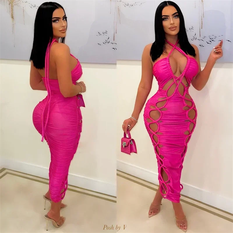 Women Solid Sexy Tie Caged Midi Dress Hollow Out Lace Up Halter Backless Zipper Ruched Bodycon Night Clubwear Party Dresses