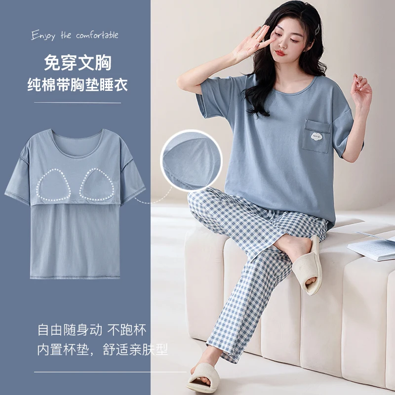 Summer Short Sleeve Sleepwear With Chest Pad 100% Cotton Women Pajamas Set Female Short Top+Long Pants Pijamas Mujer