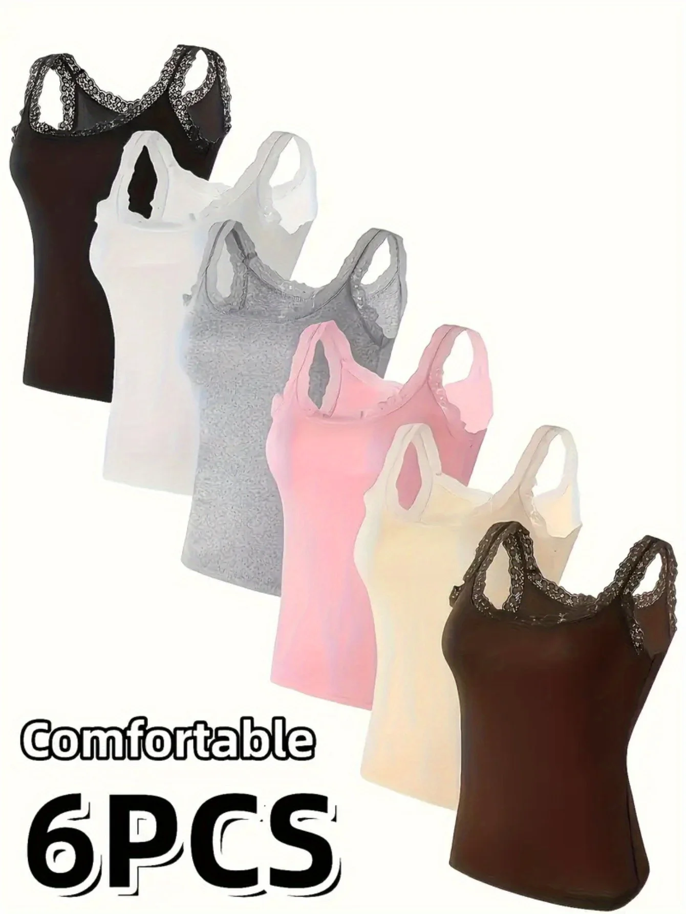 

6-piece Plus Size Lace Vests, Crew Neck, Color Contrast, Comfortable Versatile Tops, Outerwear Available, All-season Women's Und