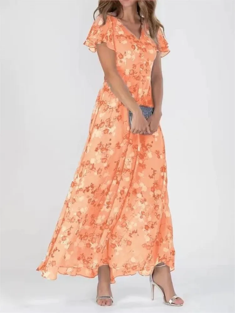 

Women's Intellectual Style Sweet And Fresh Mid-waist Long Skirt Chiffon Floral Short-sleeved Ruffled V-neck Fashion Waist Dress