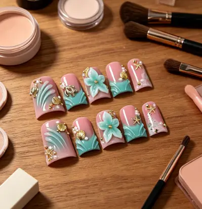 Short Square Press On Nails Sheer Pink Mint Green Gradient 3D Relief Wave Orchid Gold Metal Seashell Starfish Tiny Pearl Rhinestone Reusable False Nails Summer Beach Seaside Vacation Mermaid Gentle Fresh Manicure For Women