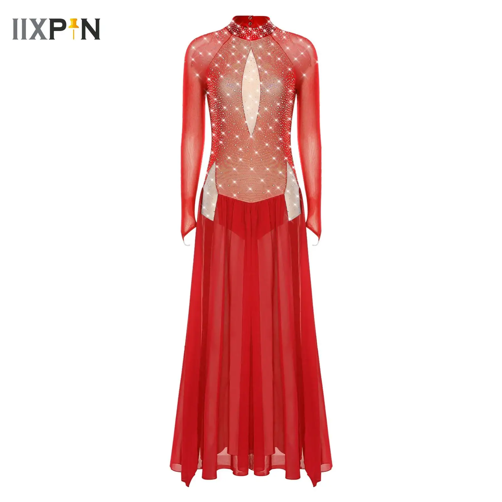 

Women Modern Lyrical Dance Long Dress Long Sleeve Mesh Ballet Gymnastics Skirted Leotard Contemporary Performance Dancewear