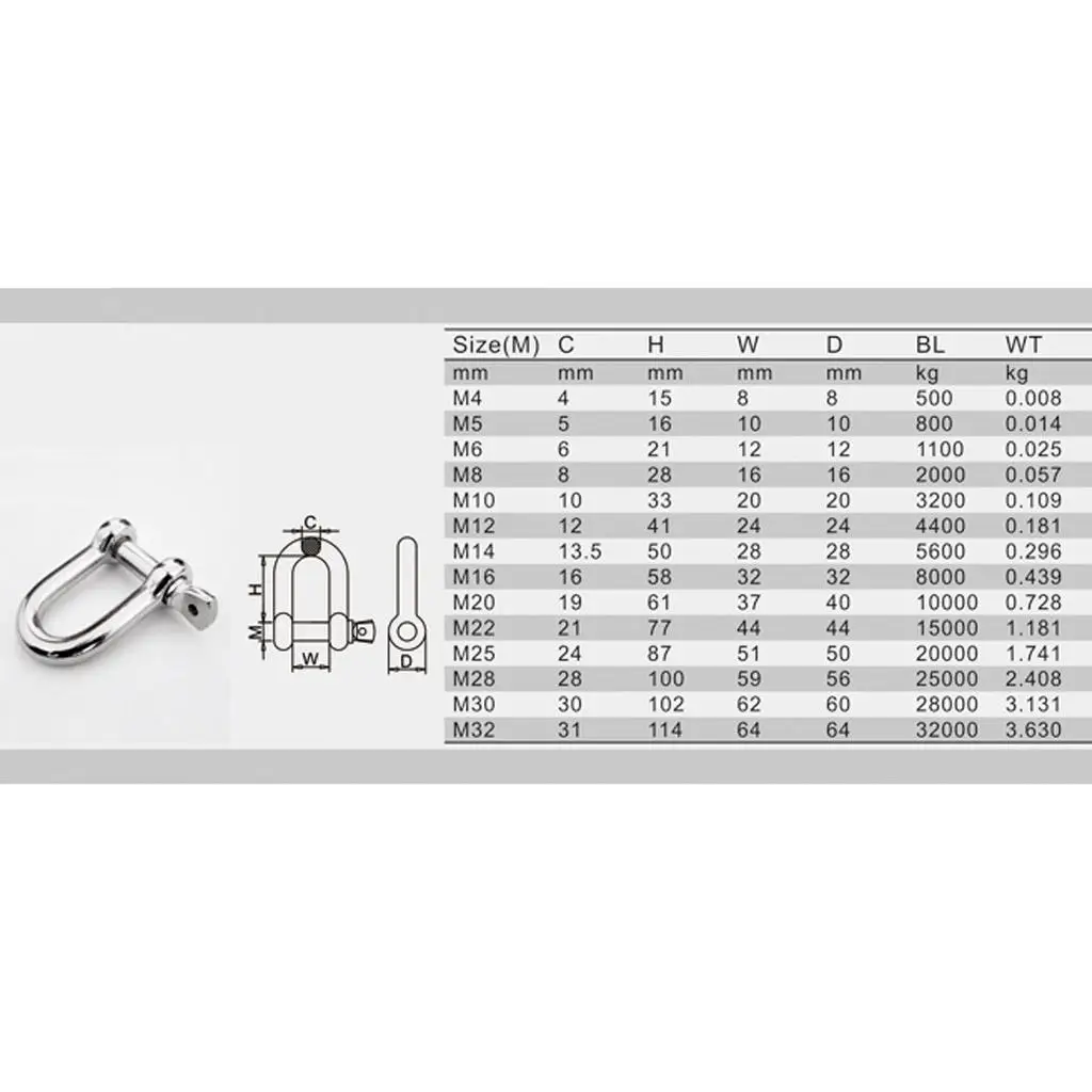 Stainless Steel D-Shackle Chain Shackle Rigging Fastener -M8