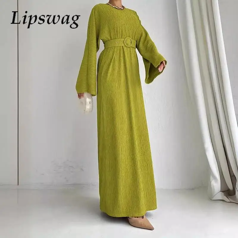 Elegant 2024 Crew-neck Slim Texture Robe Dress Women Solid Long Sleeve Autumn Long Dress Casual Pullover Loose Party Dress& Belt