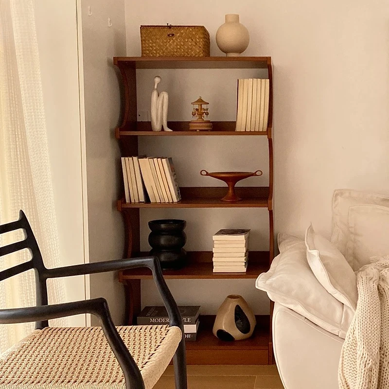 Medieval solid wood multi-layer bookshelf Nordic living room locker study display shelf storage