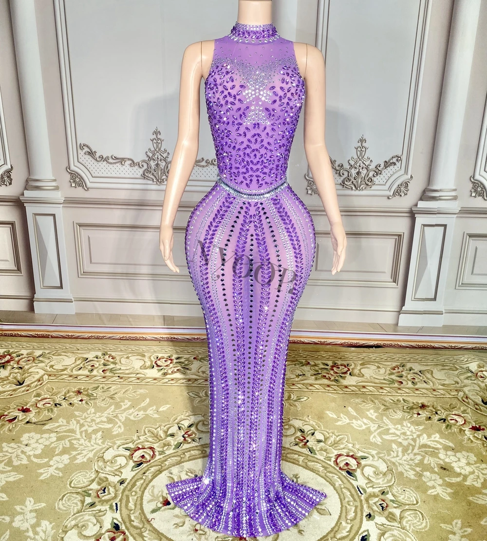 Luxurious Purple Rhinestones Mesh Transparent Sleeveless Long Dress for Women Sexy Birthday Celebrate Evening Prom Dresses