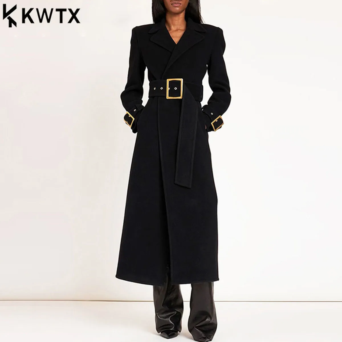 

KWTX 2025 Solid Slimming Spliced Belts Minimalist Coats for Women Lapel Long Sleeves Temperament Coat Female Fashion Clothing