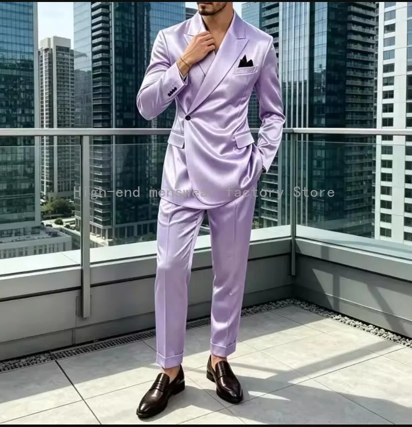 Latest 2 Piece Sets Satin Men Suits Peaked Lapel One Button Slim Fit Blazer Pants Wedding Formal Evening Luxury Outfit Male Suit
