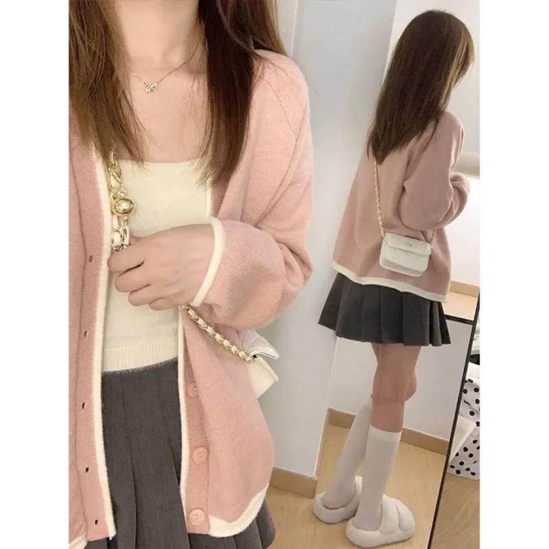 Pink Knitting Cardigan Coat Women Autumn Winter Simplicity Loose Long Sleeve Knitwear Tops Casual All-match Knitting Sweater