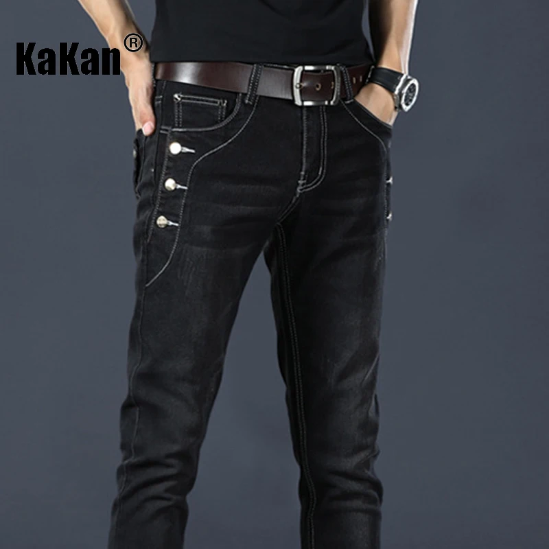Kakan - New men's black jeans, y2k clothing elastic slim fit small leg long jeans summer denim pants