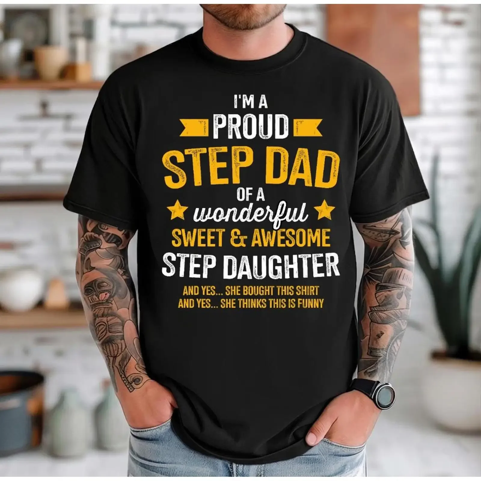 Proud Step Dad of Awesome Daughter T Shirt Funny Fathers Day for Stepdad Bonus Birthday Casual  vintage Washed Stylish Soft