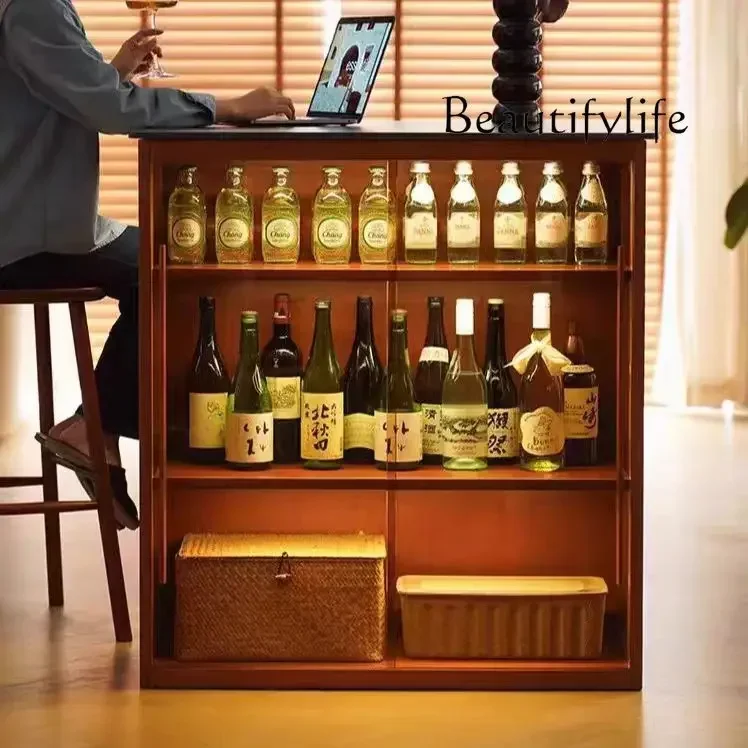 

ls 42Nordic boxwood solid wood rock slab island retro small apartment Zhongdao bar storage side cabinet