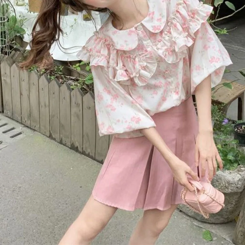 2024 Summer New Women's Blouse Peter Pan Collar Printed Button Spliced Ruffles Casual Fashion Sweet Loose Puff Sleeve Shirt Top