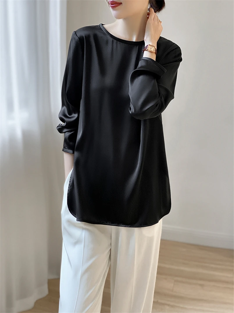 Long Sleeve O-Neck Leisure Shirt Tops Women\'s Solid Satin Elegant Temperament Blouses Spring Autumn Vintage Simple Tops Camisas