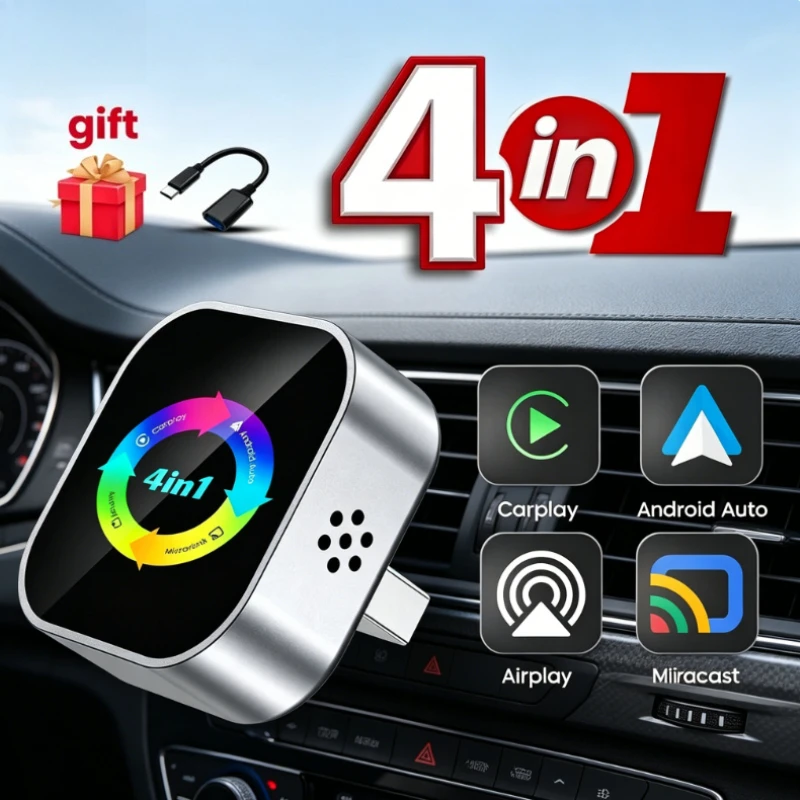 CarRock 4-in-1 Neuer Verbesserter Carplay-Adapter Kabelloses Android Auto Mirror Link Smart Mini AI Box USB Plug-and-Play Automatische Verbindung WLAN