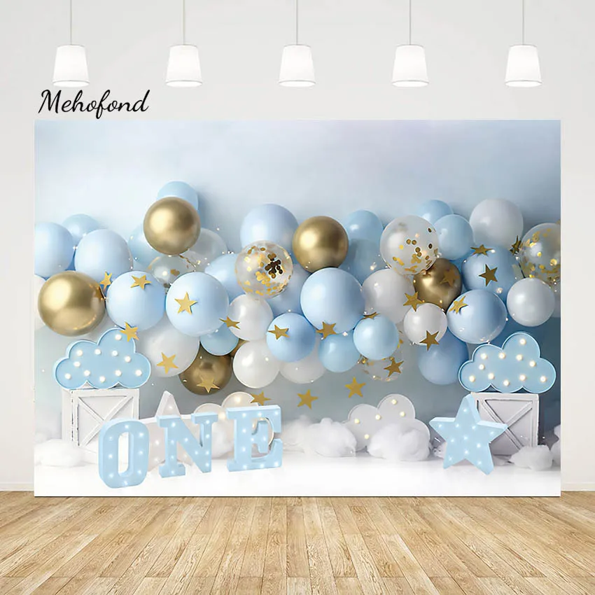 

Mehofond Photography Backdrops Boy Baby 1st Birthday Party Blue Gold Balloons Star Background Cake Smash Decoration Photo Studio