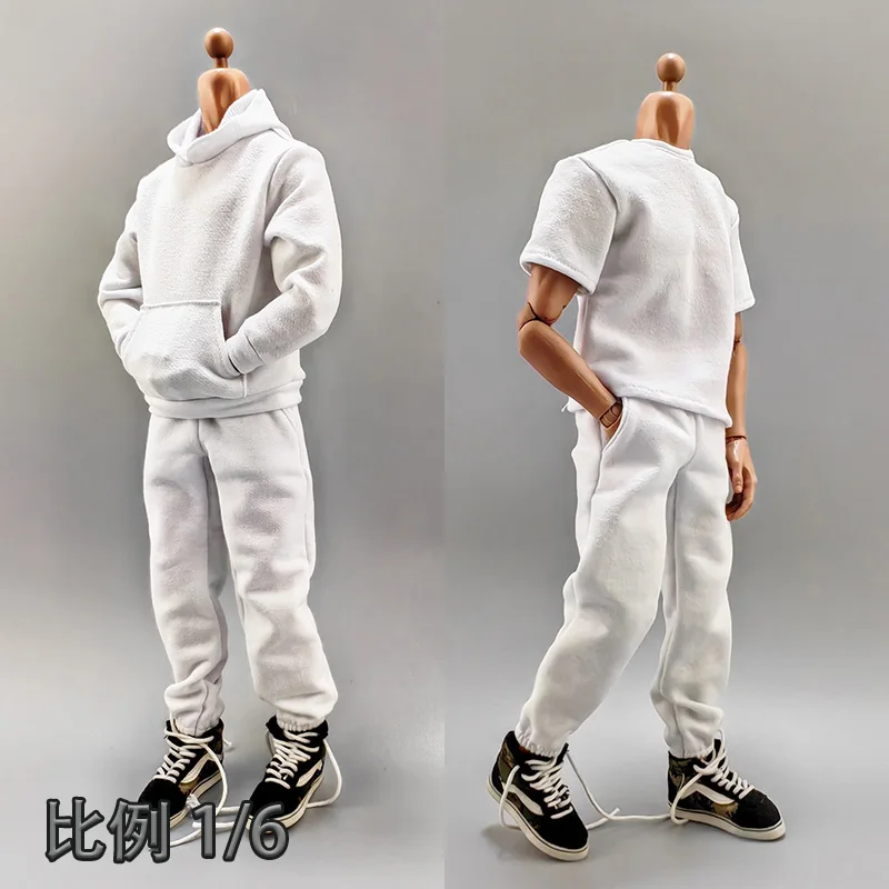 1/6 male soldier white hoodie set 12 inch doll kangaroo bag hooded long sleeved hoodie T-shirt long pants 6-point BJD clothes