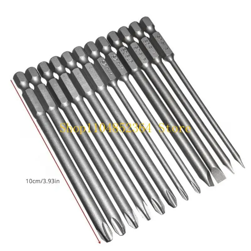 652F 12pcs Alloys Steel Slotted and Crosses Head Screwdriver Bit Set for Power Tool with Sandblasted Finish and Various Size