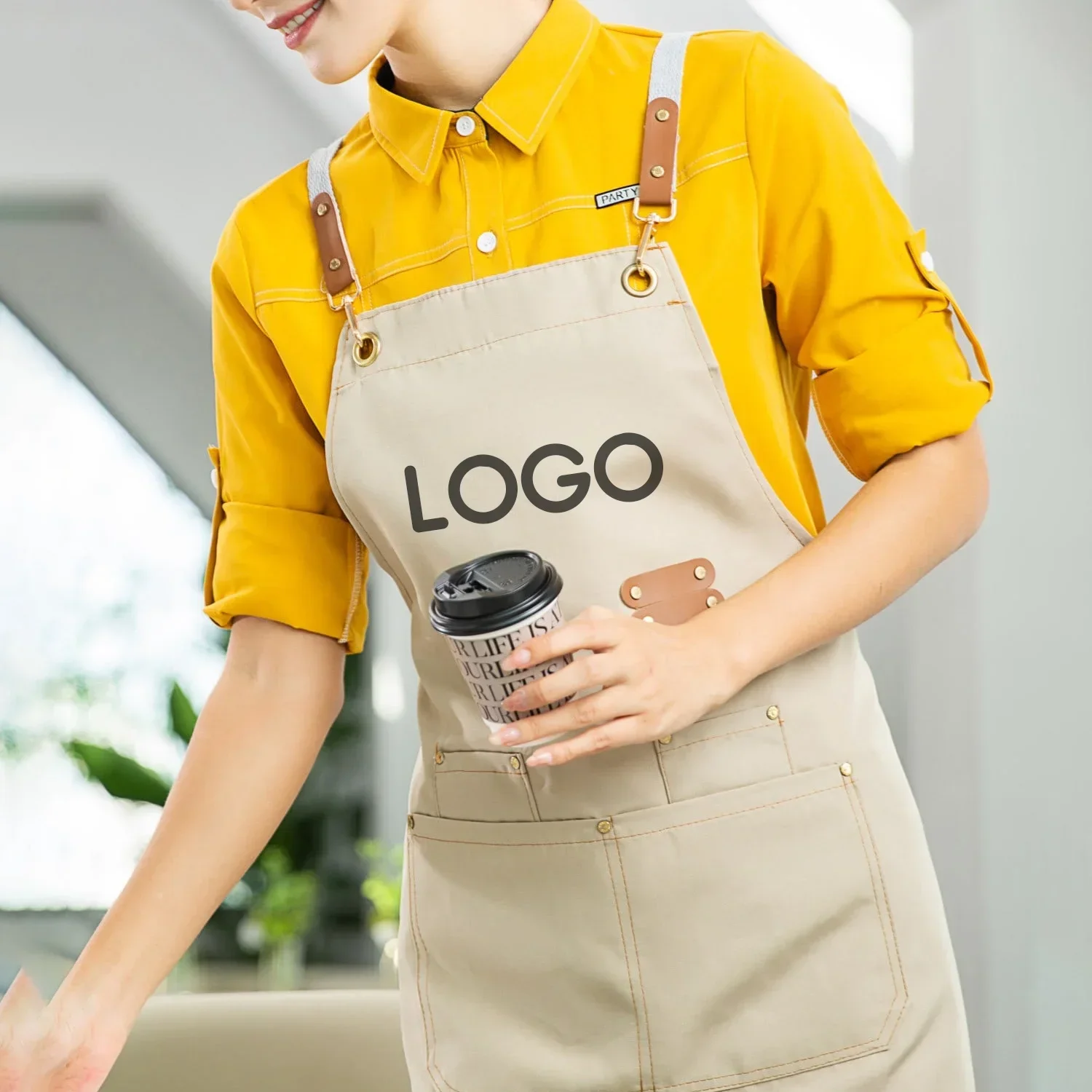 مخصص شعار المئزر قماش ساحة قابل للتعديل مع جيب للمطبخ بار متجر المقاهي مسمار الجمال قص الشعر صالون العمل الموحدة #1