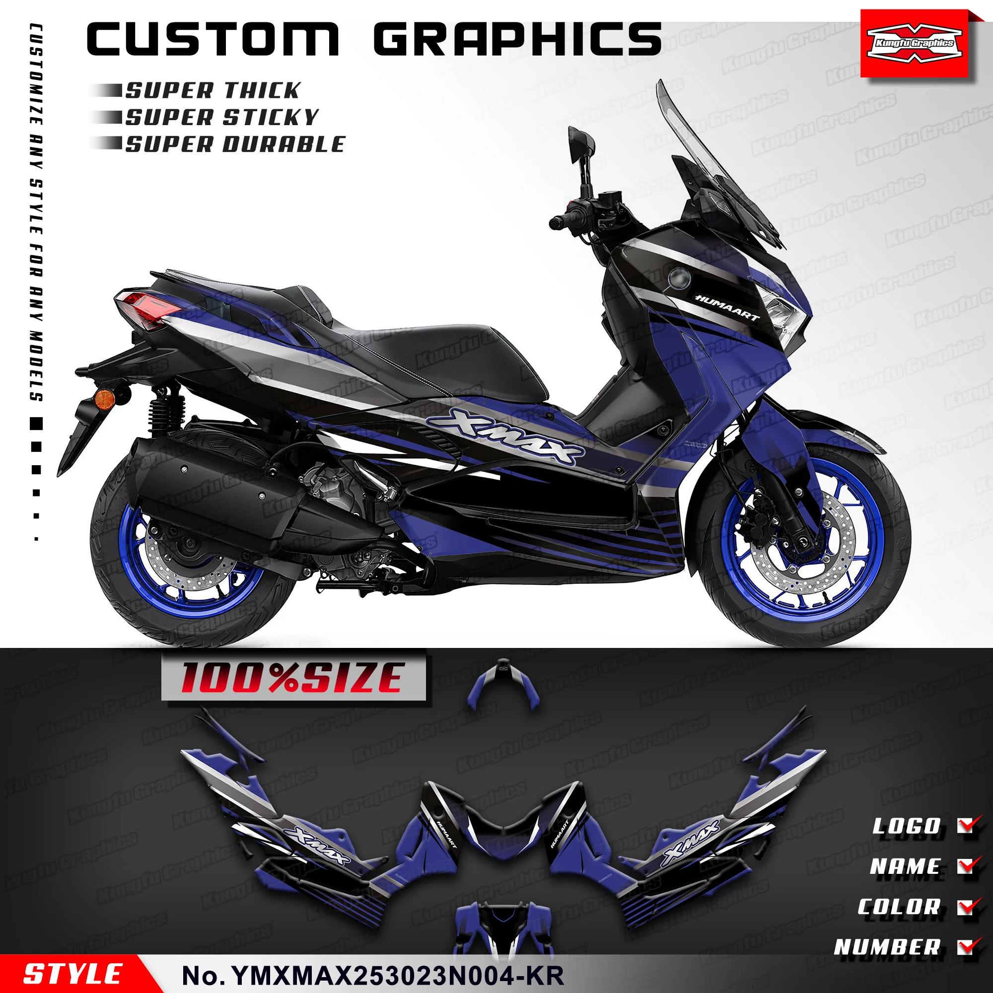 KUNGFU GRAPHICS Motorcycle Rebuild Durable Vinyl Kit for Yamaha XMAX 250 300 2023 2024 Blue Black, YMXMAX253023N004-KR